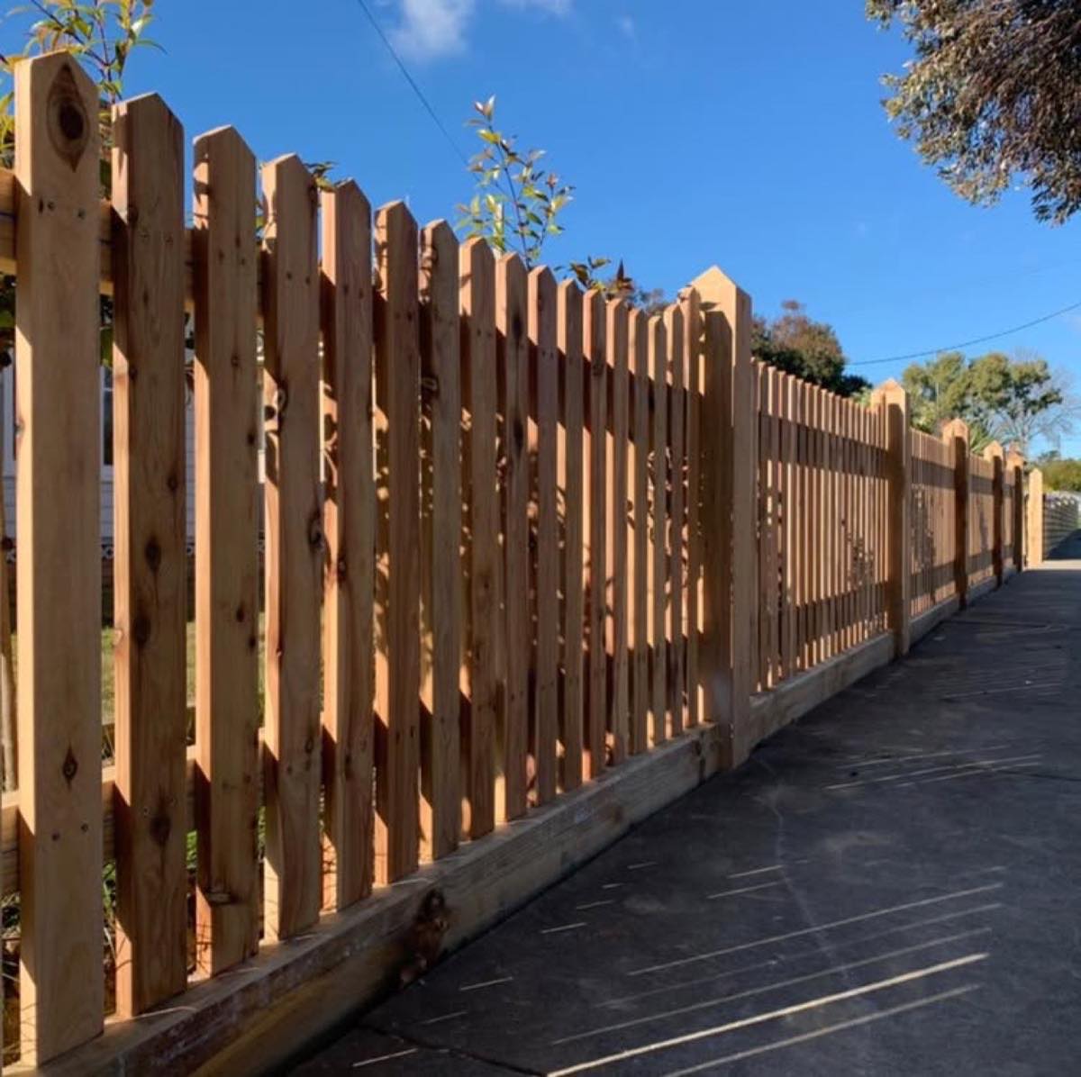 A new hardwood picket fence running along a sealed driveway