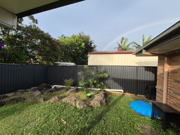 A Colorbond fence enclosing a back garden with a small pool and planting