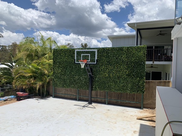 A green screening panel fixed along a courtyard wall beside a basketball ring